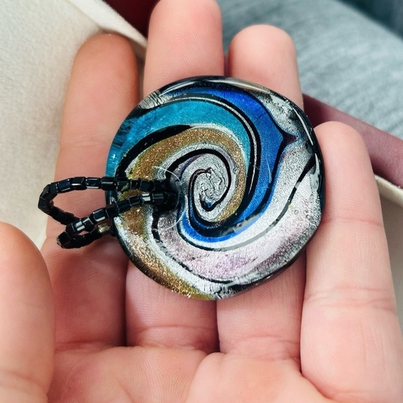 Vintage Cobalt Blue Fused Foil Art Glass Swirl Hand Blown Vortex Beaded Pendant - Picture 2 of 8